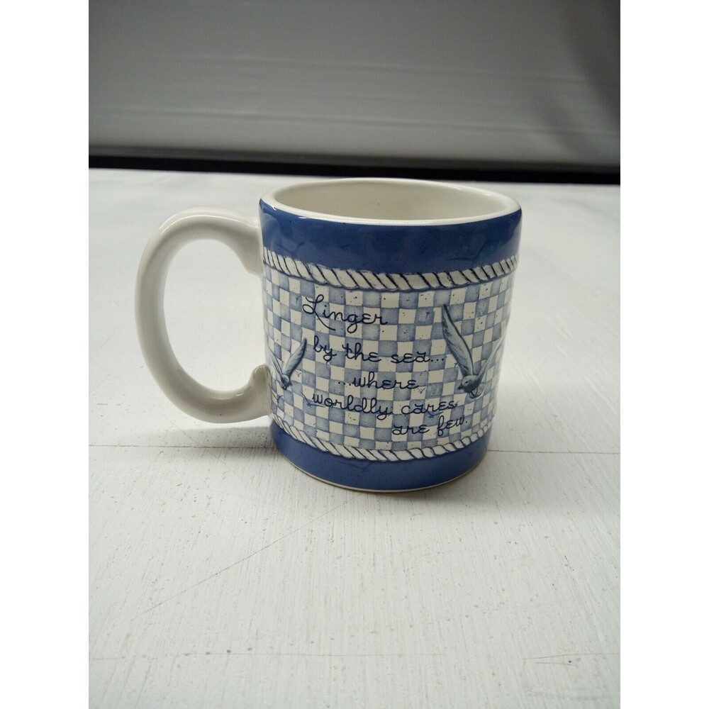 Burton & Burton Embossed Seagulls and Lighthouse Coffee Mug Blue Checked 10oz